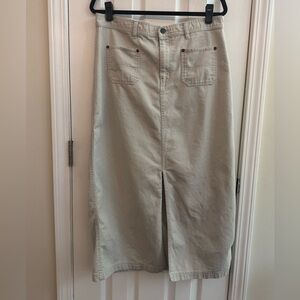 BILL BLASS JEANS Vintage 90s Khaki Midi Skirt Front Slit Size 14